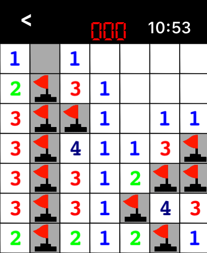Minesweeper For Watch - Cuadrícula clásica de Buscaminas con banderas rojas y números de colores en una pantalla de Apple Watch