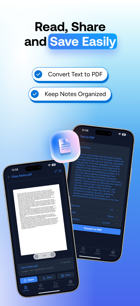 PDFeroアプリでテキストメモをPDFドキュメントに変換するためのインターフェイスが表示されたiPhoneのスクリーンショット。