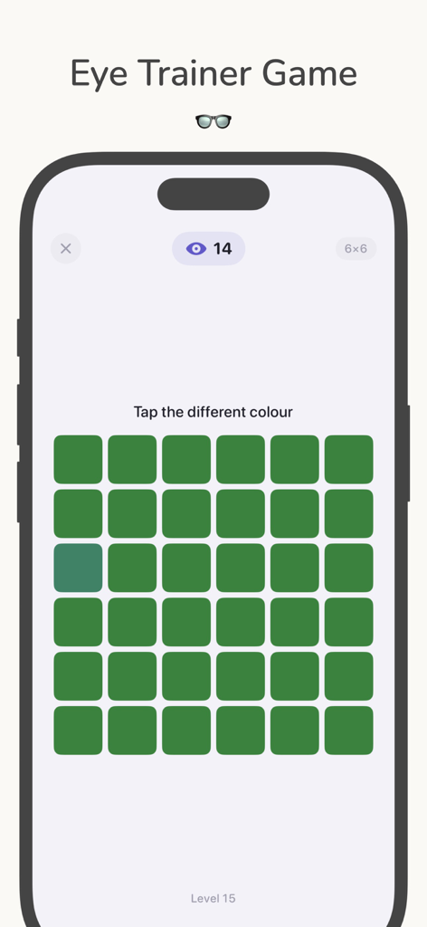 Color Blind Test App - Eye Trainerゲーム画面。緑色のタイルのグリッドが表示され、1つだけわずかに異なる色合いを見つける必要があります