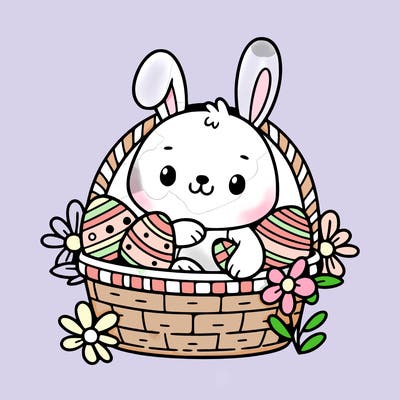 cute bunny in a basket with easter eggs