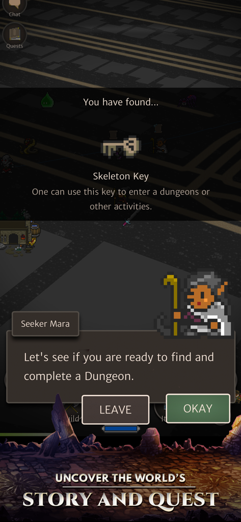 Orna: A Fantasy RPG & MMO game - Gameplay von Orna RPG, das einen Skelettschlüssel und einen Quest-Dialog mit Sucherin Mara zeigt.