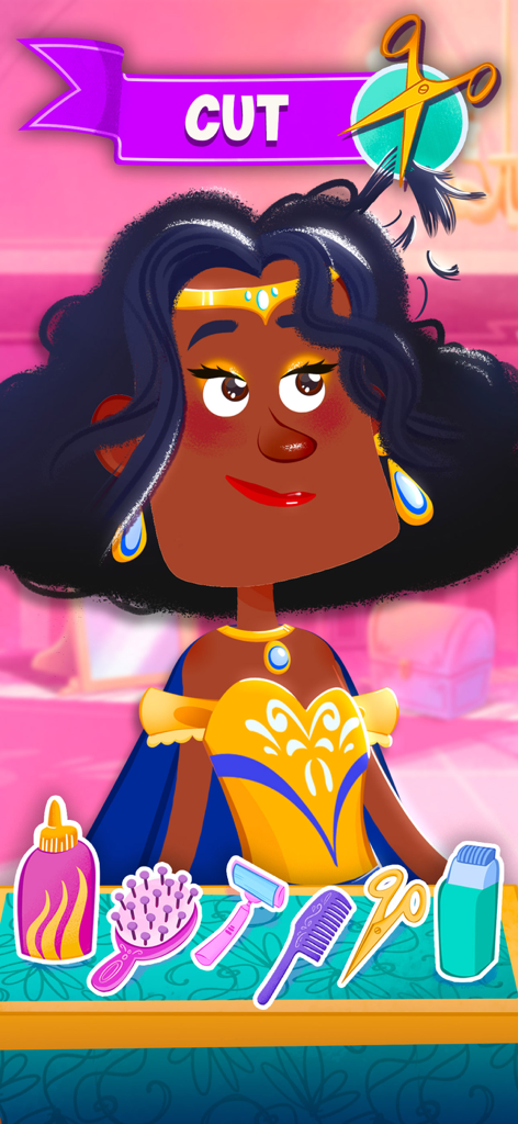 Un personaje de princesa cortándose el pelo con tijeras en un juego de salón virtual para niños