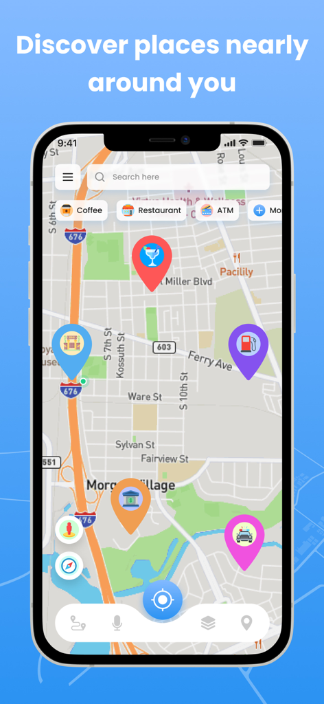 A map interface showing nearby points of interest like restaurants and ATMs with colorful markers.