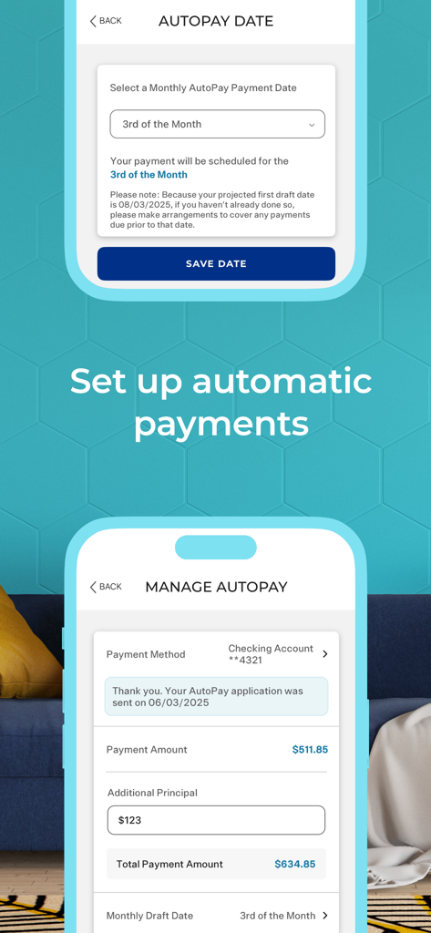 PennyMac Mobile app screens showing automatic mortgage payment setup and principal reduction options