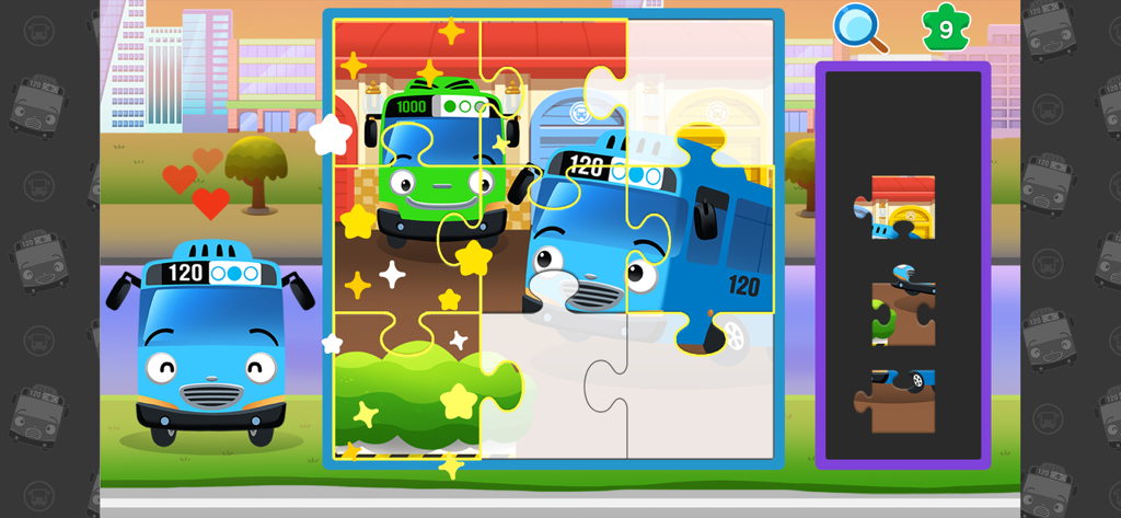 Tayo Coloring & Games - Interfaz de la aplicación Tayo Dibujo y Juegos mostrando una actividad de puzle de piezas de Tayo el Pequeño Autobús para preescolares