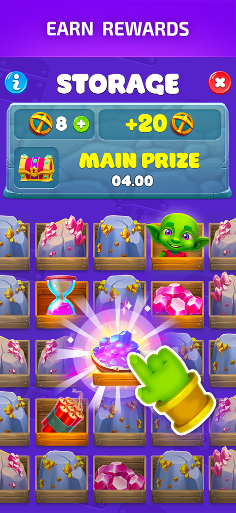 Goblins Wood: Gold Miner Game - Goblins Wood game storage screen showing crystals and rewards