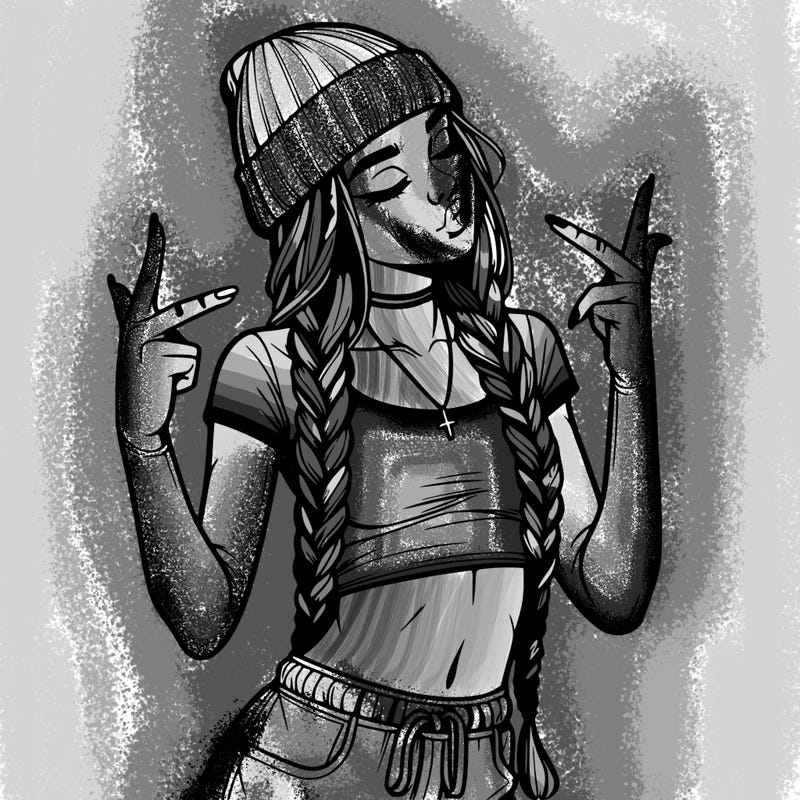 realistic teenage girl with braids and a beanie and crop top doing 🫶🏼