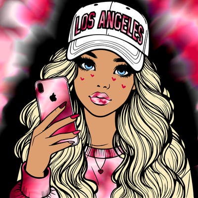realistic beautiful girl wearing los ángeles cap holding an iphone