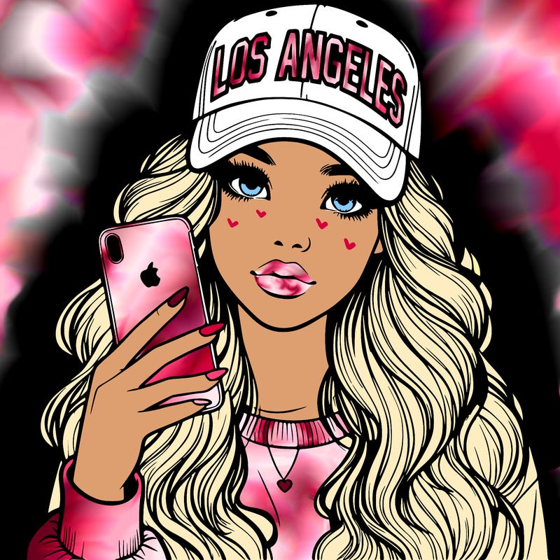 realistic beautiful girl wearing los ángeles cap holding an iphone