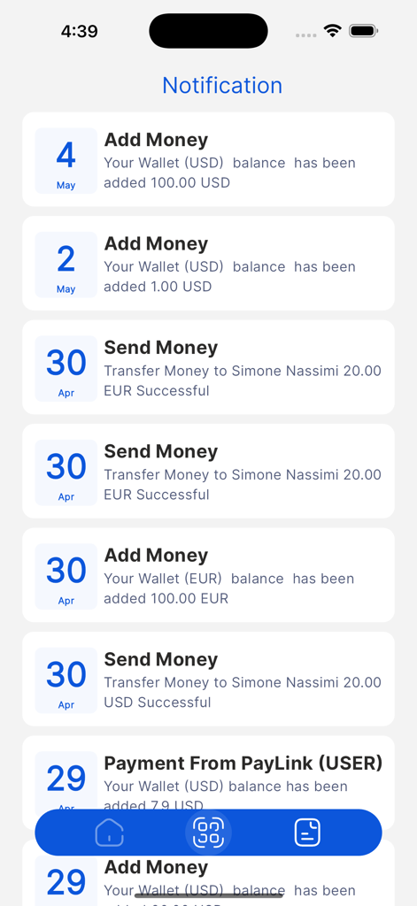 DigiPay App - Benachrichtigungsliste in DigiPay, die erfolgreiche Transaktionshistorie und Wallet-Updates anzeigt