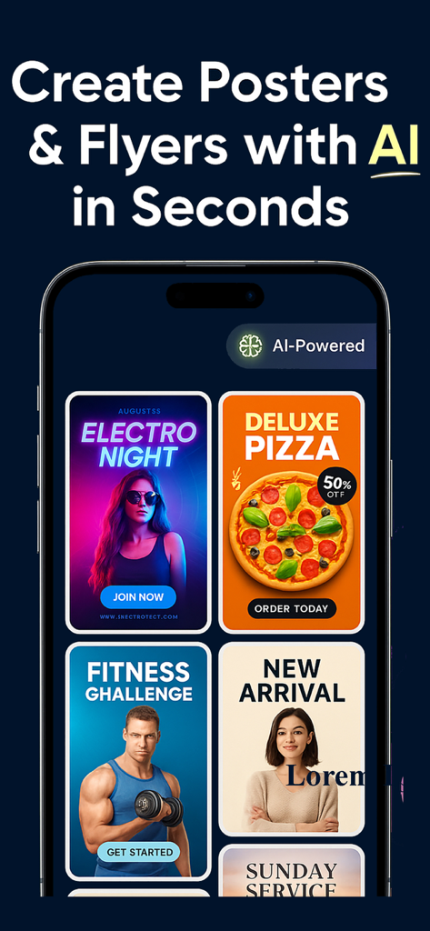 AI Poster Maker - ビジネスやイベント向けの多様なAI搭載ポスターとチラシテンプレートを表示するスマートフォンの画面