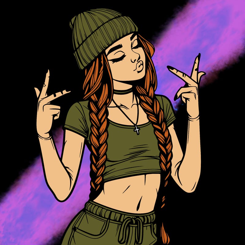 realistic teenage girl with braids and a beanie and crop top doing 🫶🏼