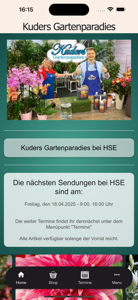 Startbildschirm der Kuders Gartenparadies Garten-Shopping-App mit dem Sendeplan