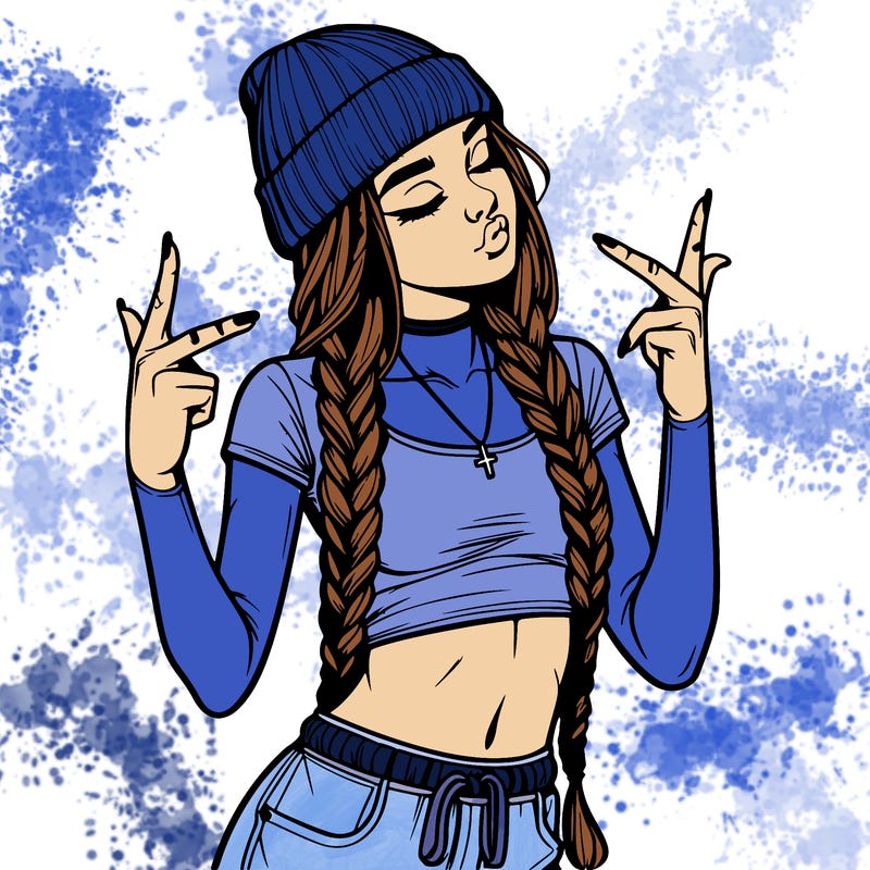 realistic teenage girl with braids and a beanie and crop top doing 🫶🏼