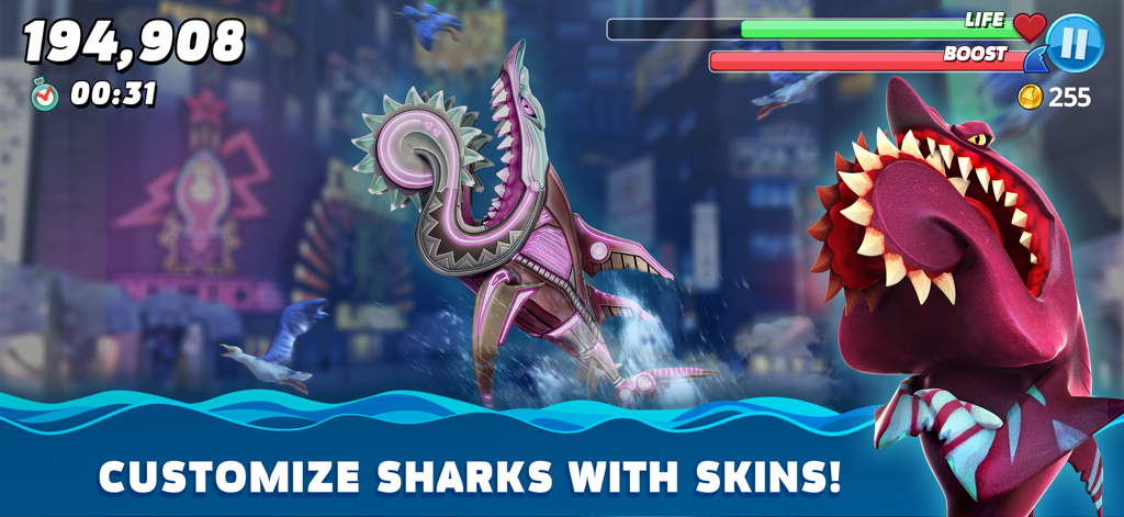 Uno screenshot di Hungry Shark World che mostra due squali con skin personalizzate uniche in un ambiente cittadino al neon