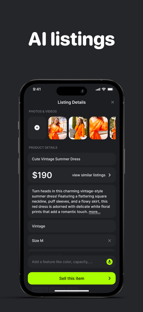 Hero: Sell, Price & List Fast - Smartphone display showing the Hero app AI listing for a vintage summer dress with pricing and description.