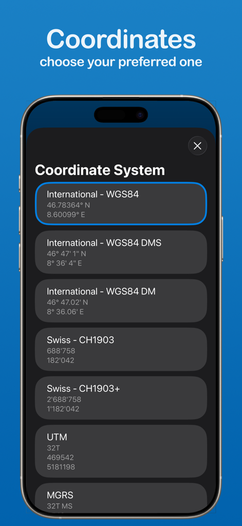 Altimeter - altitude and more - A list of coordinate systems in the Altimeter app including UTM MGRS and Swiss grids