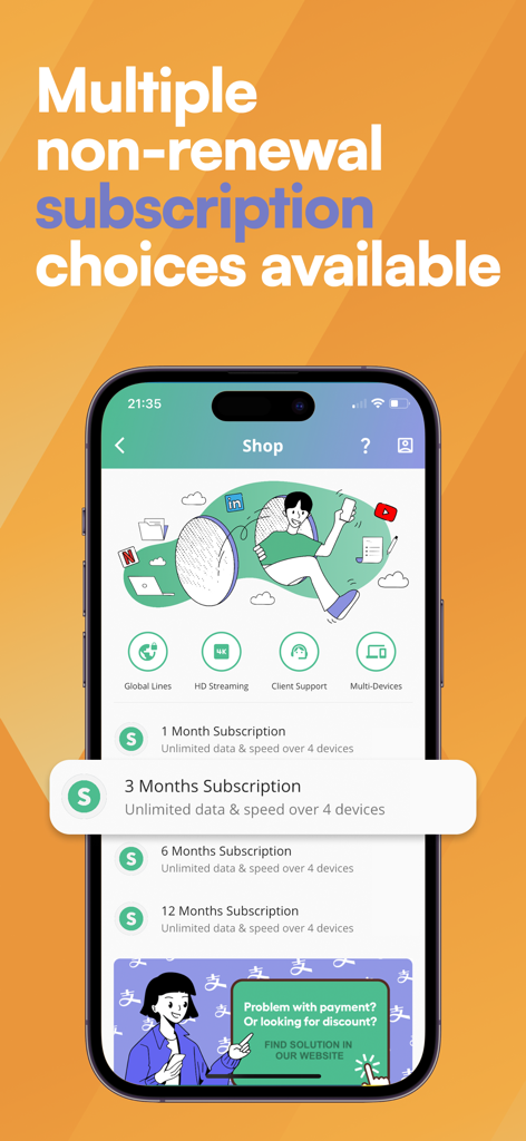 SimpleLink VPN - SimpleLink VPN shop interface displaying various non-renewal subscription plans with unlimited data and multi-device support.