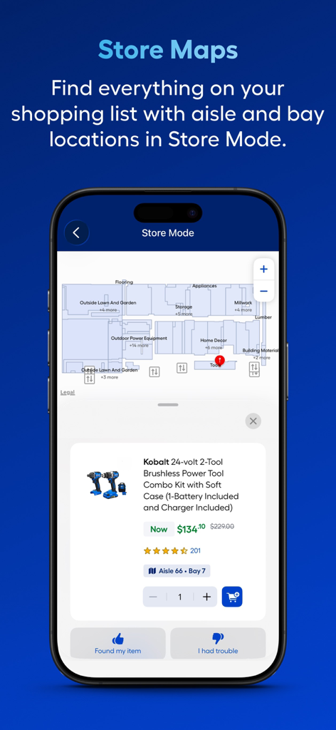Lowe's Home Improvement - Interfaccia della modalità negozio dell'app Lowe's che mostra una mappa del negozio e le posizioni specifiche dei corridoi e delle baie dei prodotti