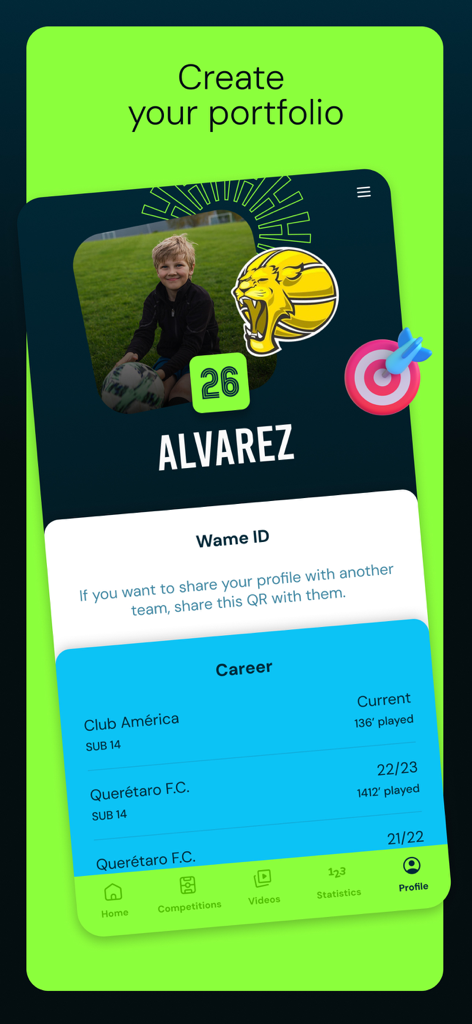 Schermata dell'app WAME Sports che mostra un portfolio di carriera atletica e il Wame ID per il reclutamento.