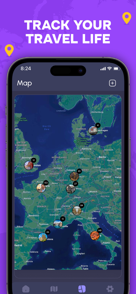 Travel Count - Country Tracker - Interactive map in the Travel Count app displaying travel history and days spent across European countries.