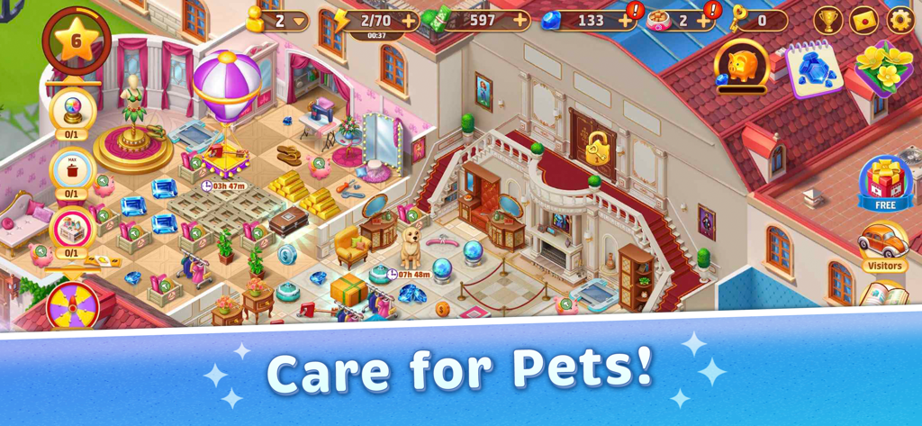 Travel Merge Family - Interior view of a decorated mansion featuring a golden retriever and the text Care for Pets in Travel Merge Family
