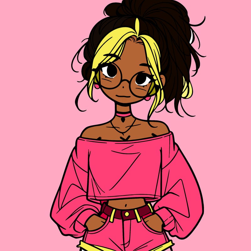 girl with a messy ponytail glasses a baggy crop top and jean shorts