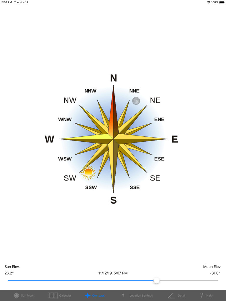Sun n Moon for iPad - Compass view in the Sun n Moon app showing current sun and moon positions