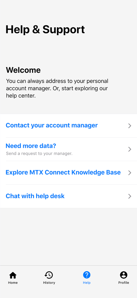Hilfe- und Supportbildschirm der MTX Connect for Business App, der Optionen zur Kontaktaufnahme mit einem Account Manager oder zum Chatten mit dem Helpdesk anzeigt.