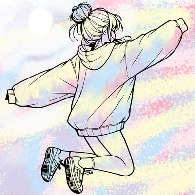 realistic girl jumping with a bun and oversized sweatshirt