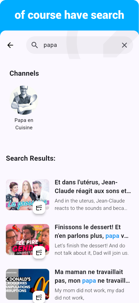 French  - Listening Speaking - Search results screen in the French Listening Speaking app showing video lessons for the word papa