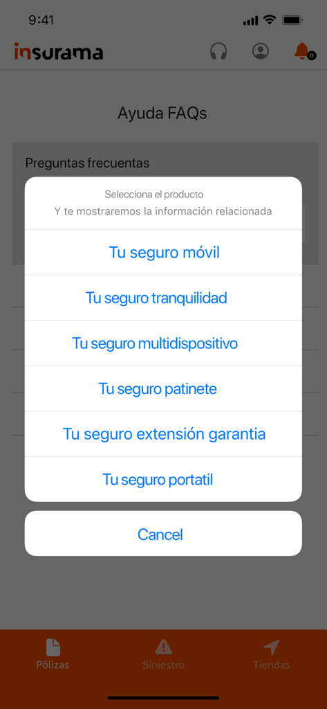 Insurama - Pantalla del móvil Insurama que muestra un menú de selección de productos para preguntas frecuentes, incluyendo seguros de móvil y scooter.