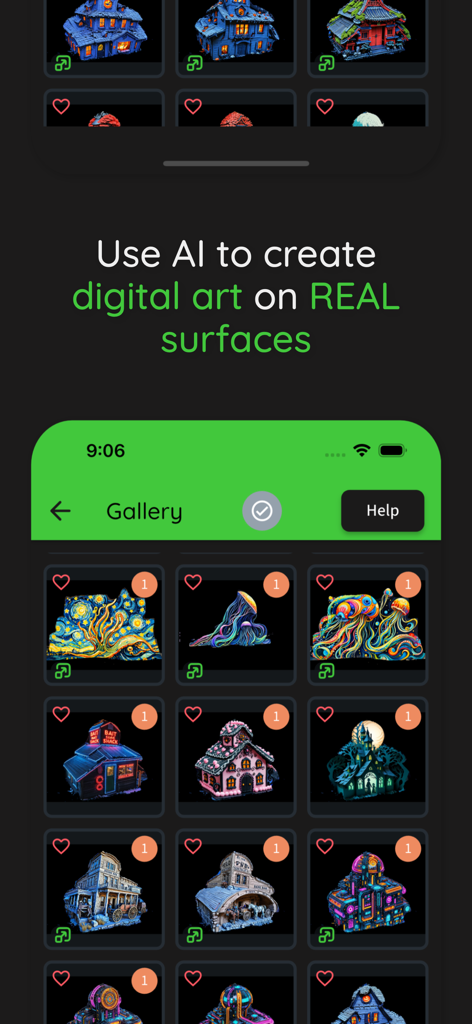 illumibot - A gallery of colorful AI-generated digital art designs within the Illumibot app interface for projection onto real surfaces.