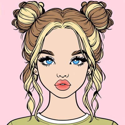 realistic girl with two buns in hair and lips
