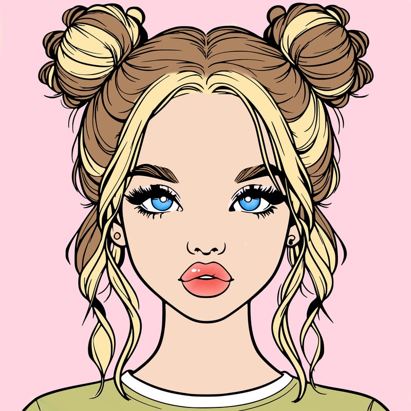 realistic girl with two buns in hair and lips