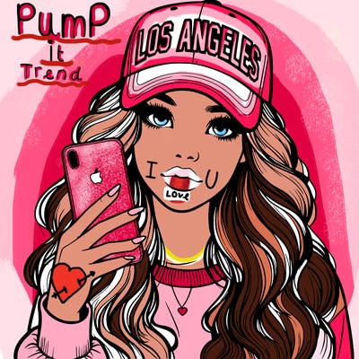 realistic beautiful girl wearing los ángeles cap holding an iphone