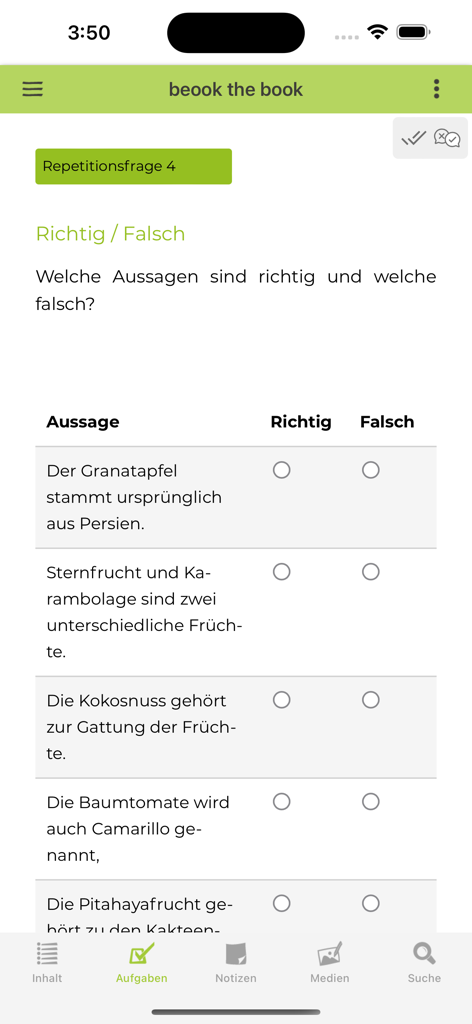 beook - Una pregunta de repaso de verdadero o falso en la aplicación educativa beook