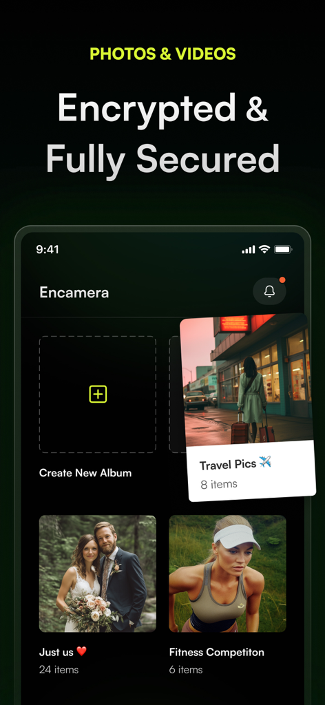 Encamera Encrypted Photo Vault - Interfaz de la aplicación Encamera que muestra álbumes de fotos y videos encriptados en un diseño minimalista en modo oscuro