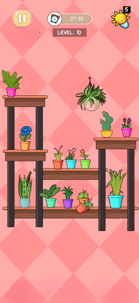 Perfect Satisfying: ASMR Tidy - Plantas en macetas siendo organizadas en estantes en el juego móvil ASMR Tidy