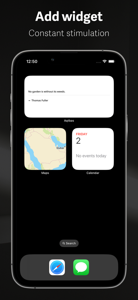 Aqtbas | اقتباس - A minimalist iPhone home screen showcasing the Aqtbas quote widget alongside maps and calendar widgets