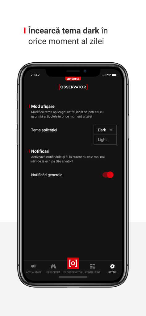 La pantalla de configuración de la aplicación móvil Observator News en un iPhone con selección de modo oscuro y activadores de notificación