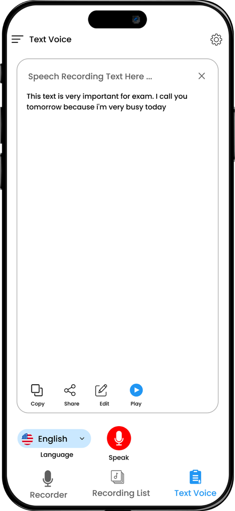 Easy Sound Recorder app screen showing voice to text transcription and sharing options