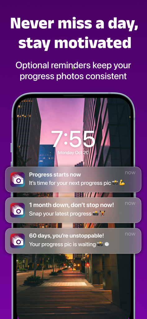 My Body Tracker: PhotoJourney - Smartphone lock screen displaying motivational notifications and daily progress photo reminders from the PhotoJourney app.