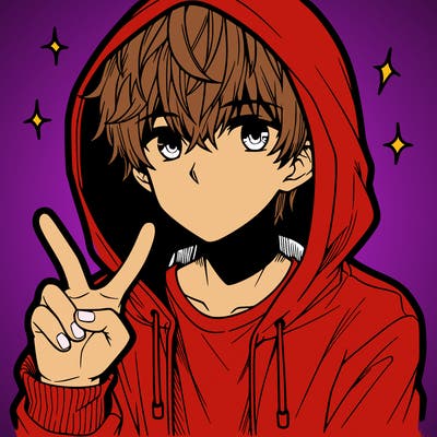 teenage manga boy in a hoodie, doing ✌