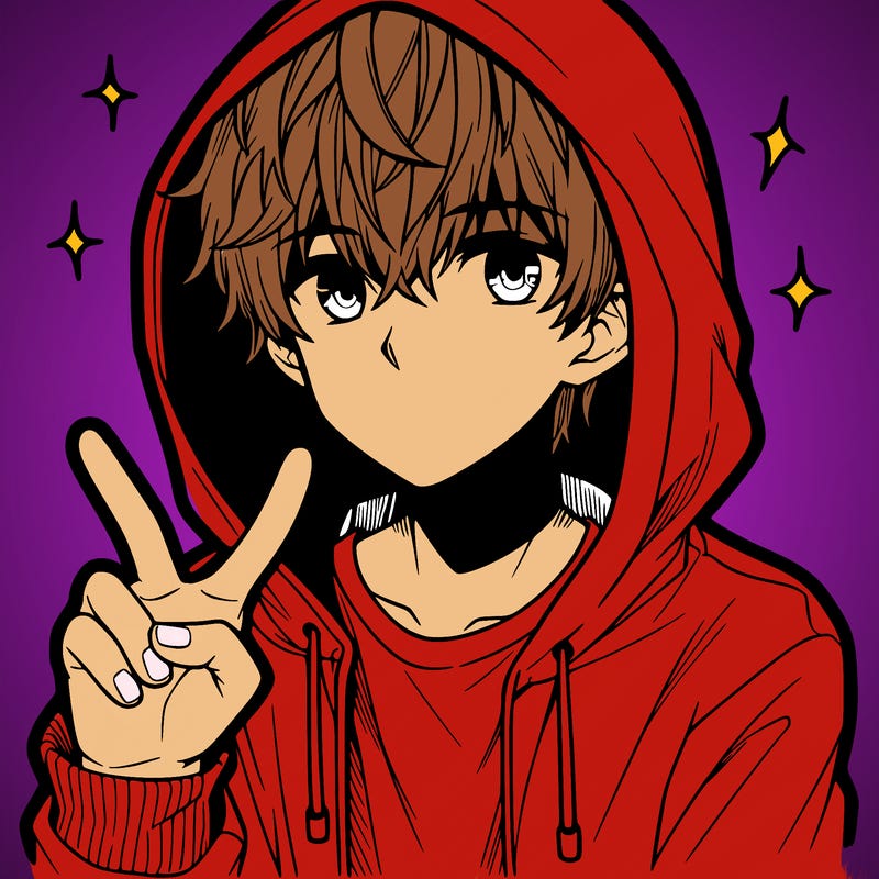 teenage manga boy in a hoodie, doing ✌