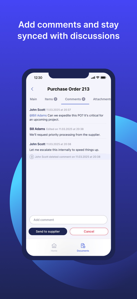 Precoro - Precoro mobile app interface showing comments and discussion on a purchase order