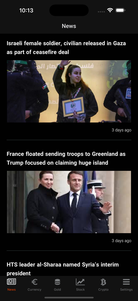 A screenshot of the News section in the Mesghal app showing international news headlines and a bottom navigation menu with currency, gold, and crypto options.