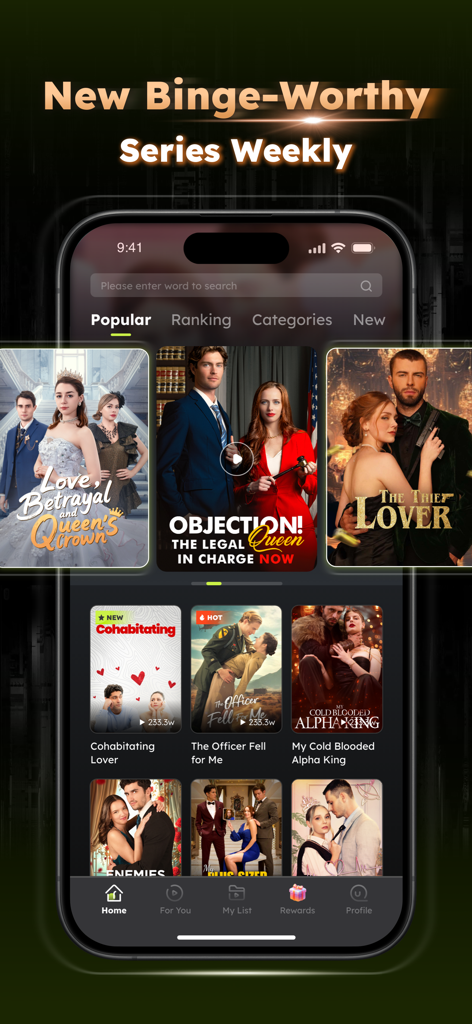 Sereal plus app interface showing various popular short drama series posters under the binge-worthy weekly header