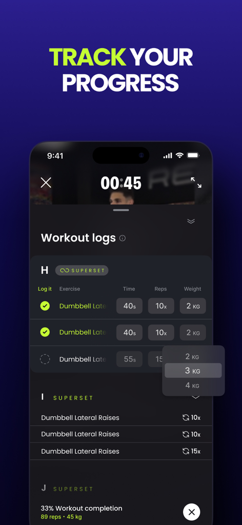 Onemor: Workout & Fitness App - Pantalla móvil de la app Onemor que muestra registros de entrenamiento para elevaciones laterales con mancuernas y un rastreador de progreso.