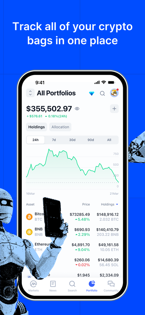 CoinMarketCap: Crypto Tracker - Screenshot of the CoinMarketCap app dashboard displaying a cryptocurrency portfolio with total balance and asset list
